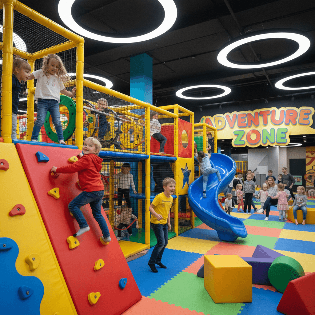 Children climbing and playing on colorful indoor playground equipment