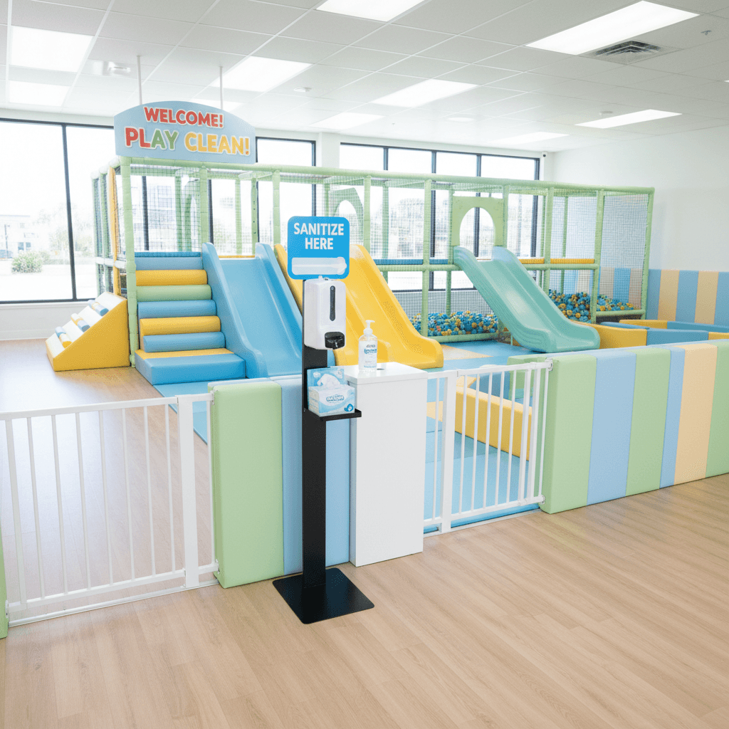 Clean indoor play area with sanitizing station and hand sanitizer bottle near entrance