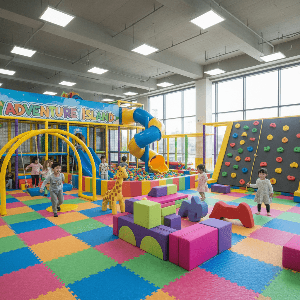 Bright indoor playground with colorful soft play equipment and safety mats for children