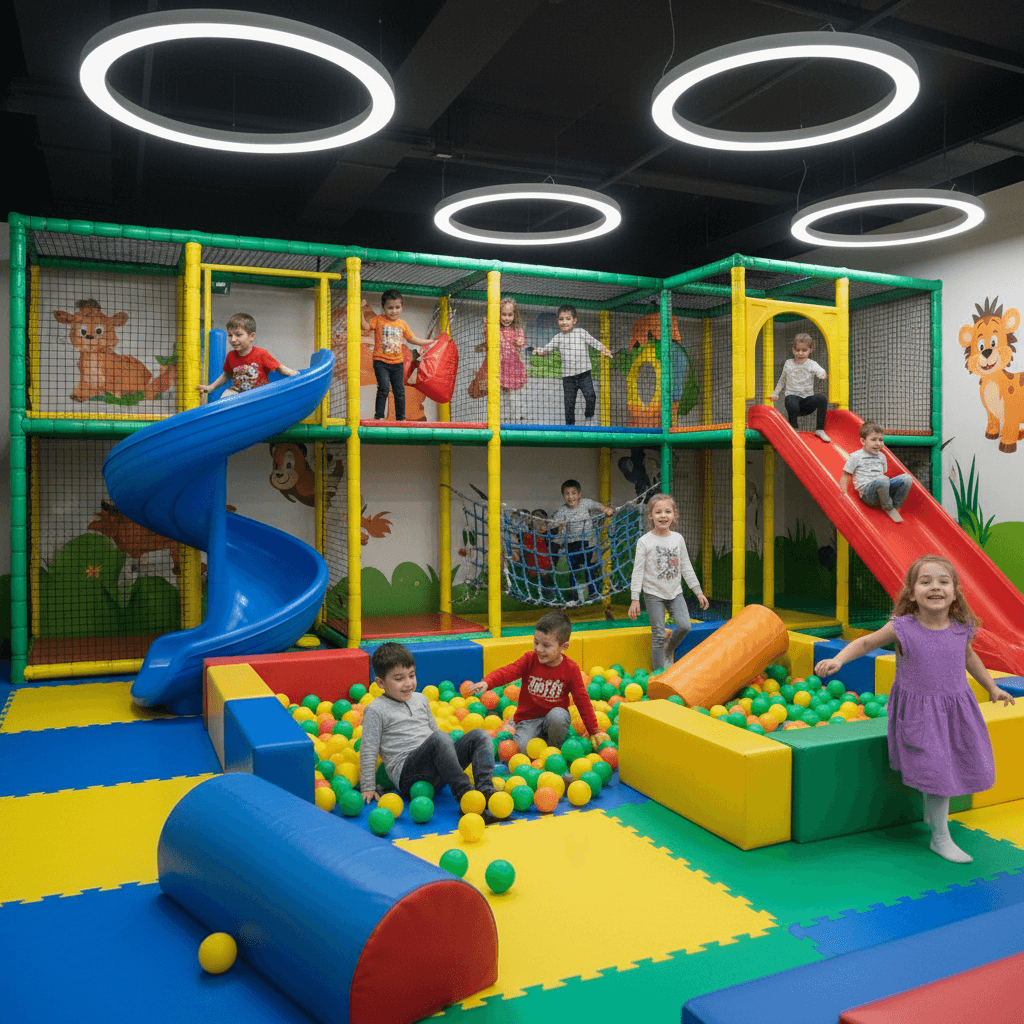 Group of children playing together happily in an indoor playground