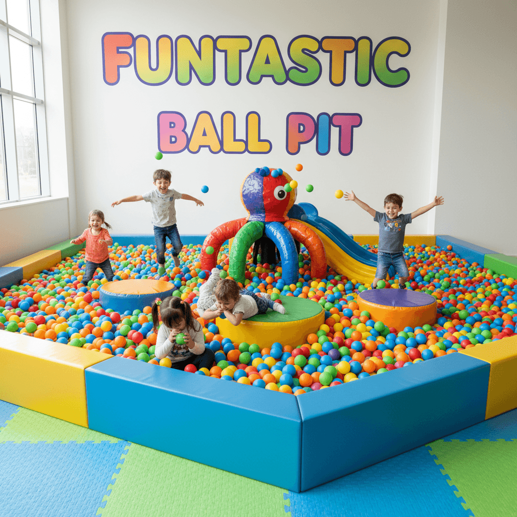 Happy children playing with colorful balls in an indoor ball pit