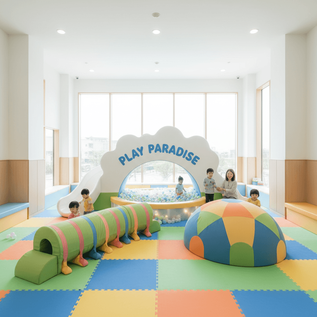 Bright clean indoor playground with soft colorful play equipment