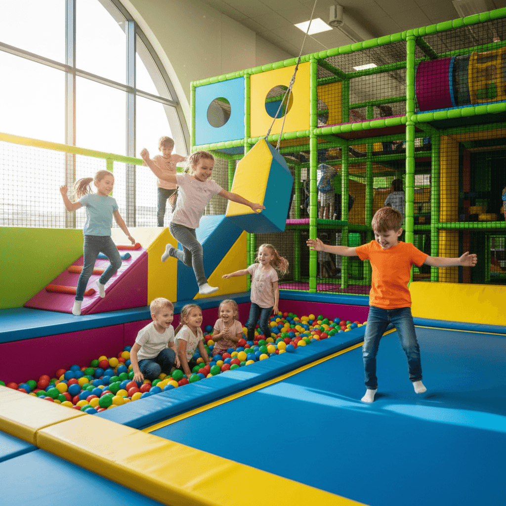 Children running and jumping energetically in a bright indoor playground