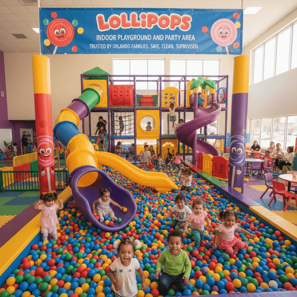Happy children playing in colorful indoor playground with slides and ball pit