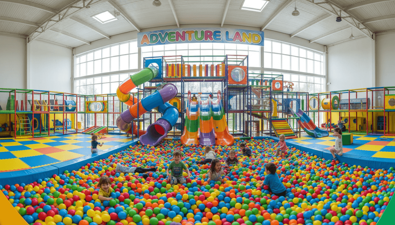 Bright indoor playground with slides and a ball pit