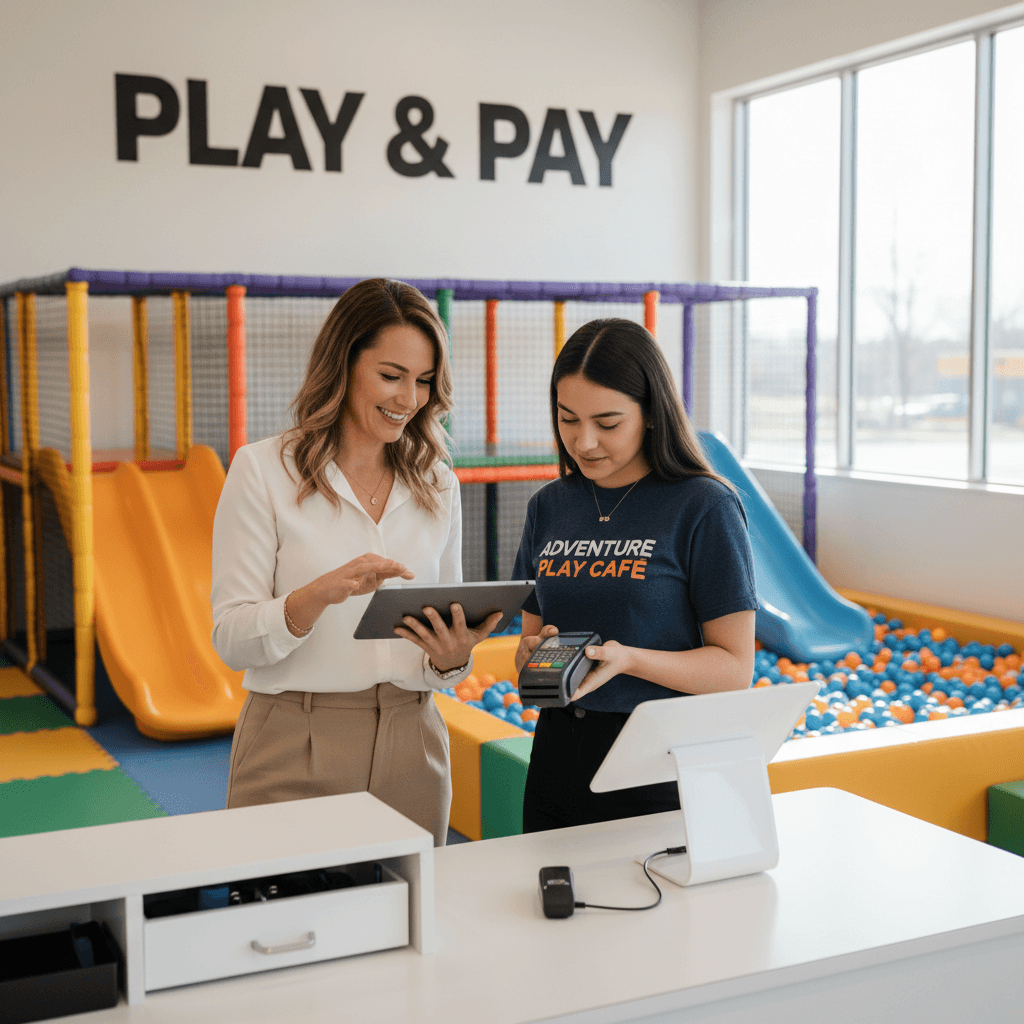 New franchise owner learning the point of sale system with a Lollipops trainer inside a colorful playground