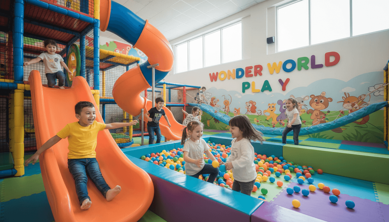 Group of happy children playing in a colorful indoor playground