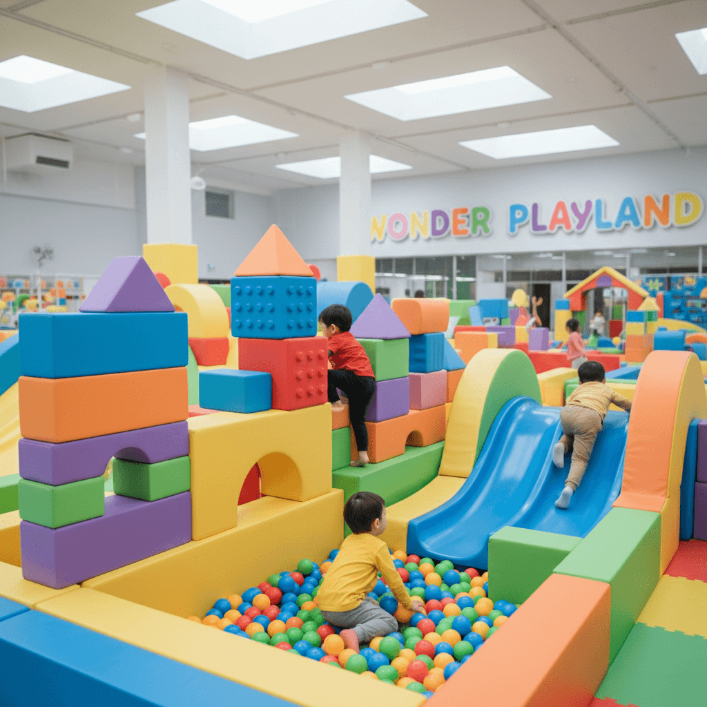 Soft padded play structure in children indoor playground with colorful foam shapes