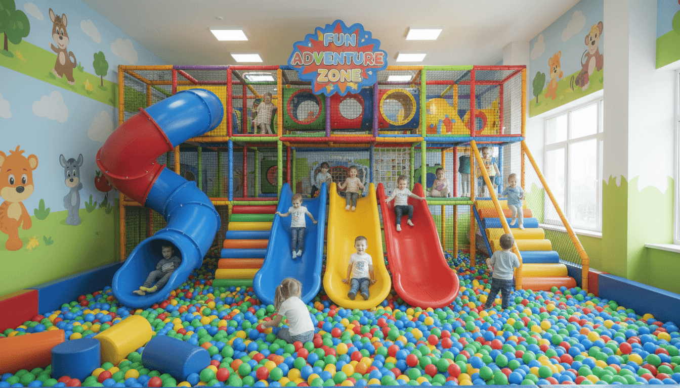 Colorful indoor playground with slides, ball pit, and soft play structures