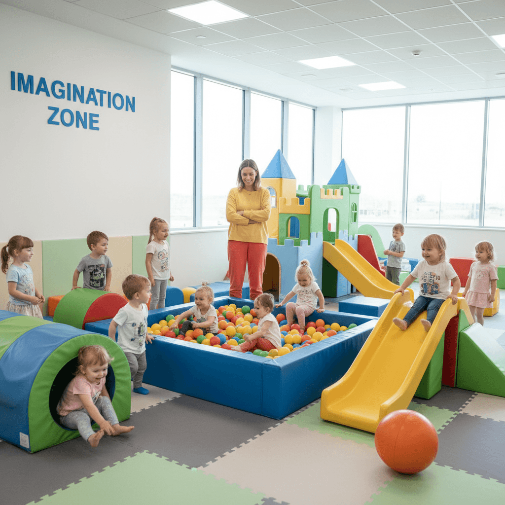 Teacher supervising children playing in a colorful indoor play area