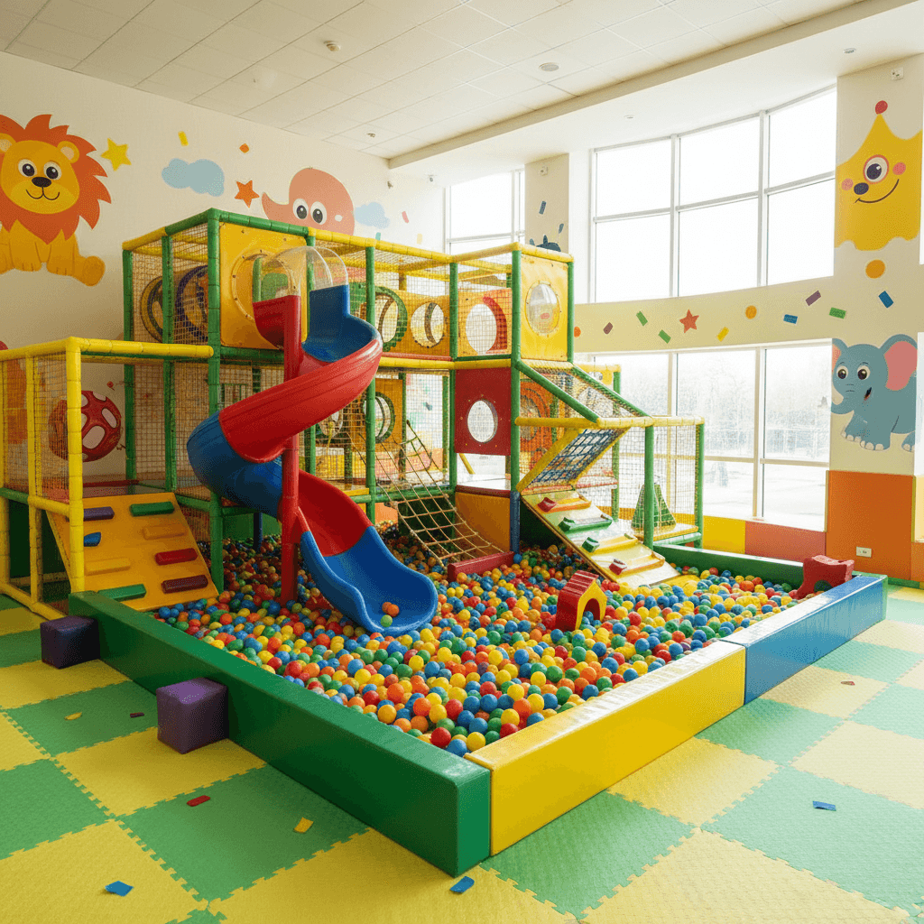 Bright and clean Lollipops indoor playground ready for opening day with slides and play structures