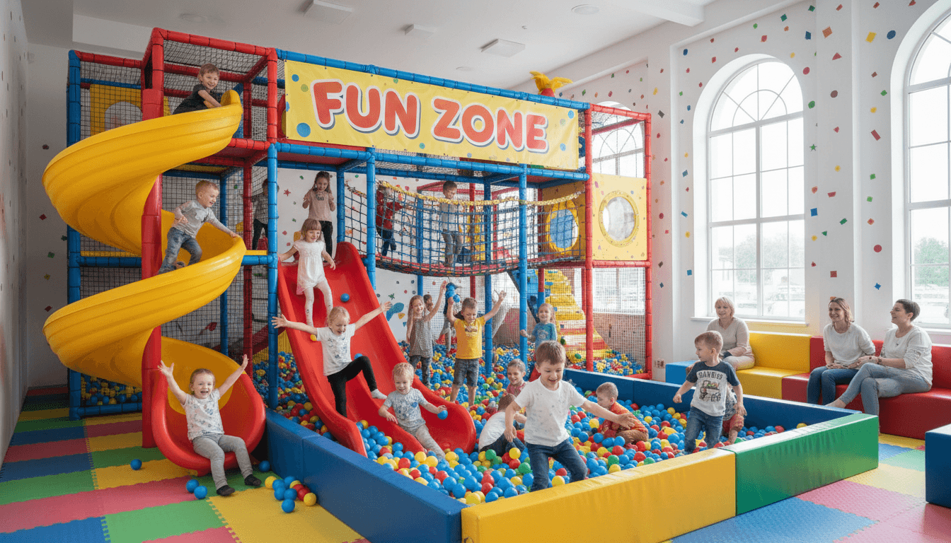 Bright indoor playground with colorful play structures