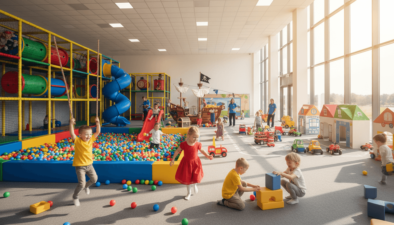 Kids playing on indoor playground equipment